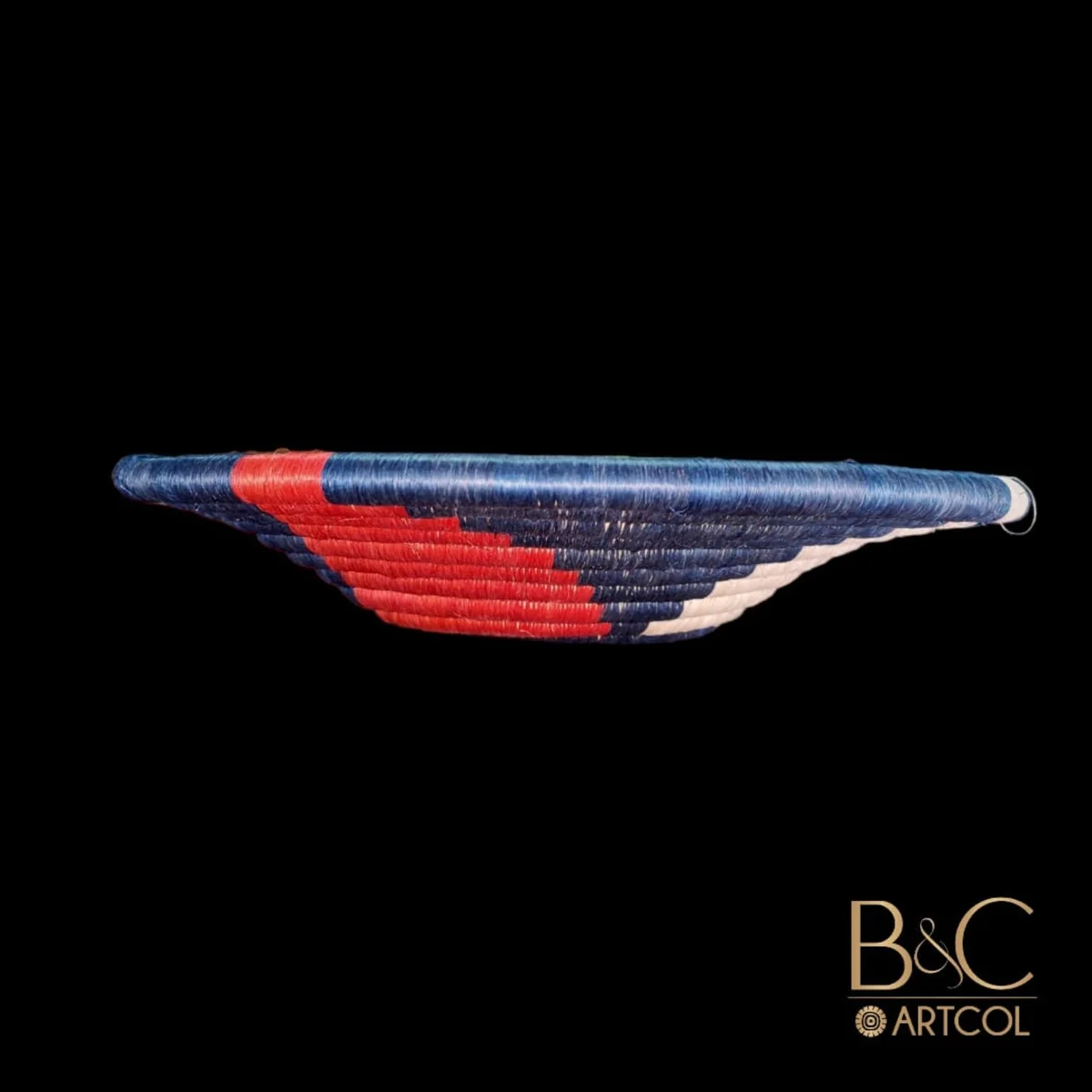 Side view of blue woven Colombian basket